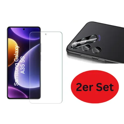 Produktbild von CLM-Tech 2er Set Schutzfolie kompatibel mit Samsung Galaxy A35 5G - 1X Panzerfolie + 1X Kameraschutz Kameraglas Panzerglas Displayschutz 9H Glas Displayfolie Schutzglas - Unterstützt Fingerabdruck-ID - Folie kristallklar