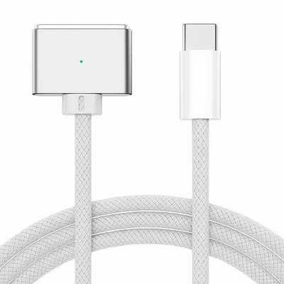 A white USB-C charging cable with a MagSafe 3 connector on one end and a USB-C connector on the other, presented on a white background.