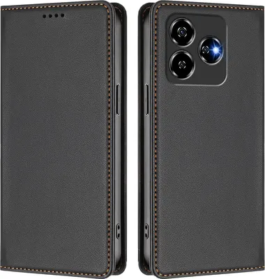 Image de Étui en cuir pour ZTE Axon 60/Blade V60/nubia V60, étui à rabat magnétique en cuirPolyuréthaneavec support, noir