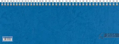 A blue desk calendar with a spiral binding at the top.