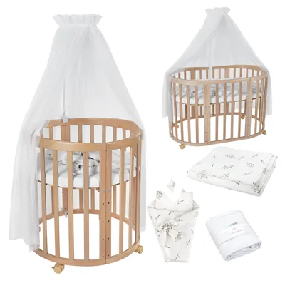 Produktbild von Waldin Babybett OWAL Kinderbett 7in1 mit Matratze, mitwachsendes Kinder-Bett,Stoffe Weiß Zweige,Holz natur