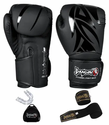 Image de Dragon Mamba : Coffret professionnel comprenant : gants de boxe individuels, protège-tibias, casque, bandages, protège-dents. Adapté pour Muay Thai, kickboxing et MMA. (Coffret Mamba 3 pièces : gants, protège-dents et bandage, taille 12 oz)