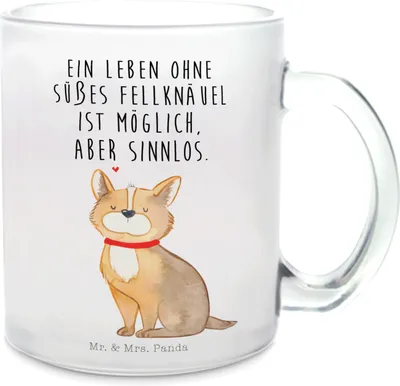 Produktbild von Mr. & Mrs. Panda Glasbecher Hund Glück - Transparent - Geschenk, Liebe, Sprüche, Tee Tasse, Teetasse, Herz, Haferl, Pott, Spruch, getränkebecher, Corgie, Häferl
