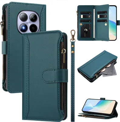 Immagine prodotto di Custodia per Xiaomi Redmi Note 15 Pro, con cerniera, portafoglio in Finto cuoio con tasche per carte, supporto e passante per la mano verde