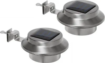 Two silver solar-powered gutter lights with black solar panels are shown against a white background.