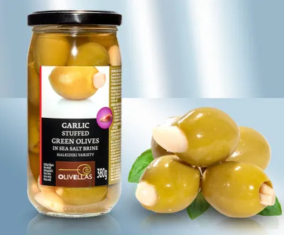 Produktbild von Grüne Oliven aus Chalkidiki mit Knoblauch, in Salzlake 380g