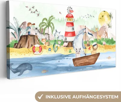 Zdjęcie produktu dla MuchoWow® - Obraz na płótnie - plaża - zwierzęta - dzieci - latarnia morska - chłopcy, obraz na ścianę, dekoracja ścienna do salonu, 40x20cm