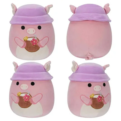 A collage of four images showing a pink pig plush toy wearing a purple bucket hat and holding a coconut drink.