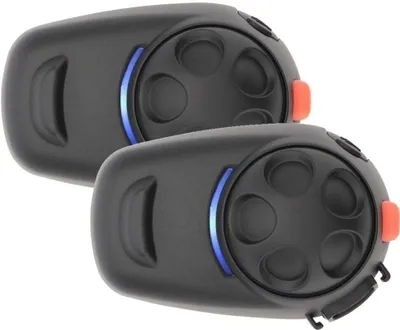 Two black motorcycle communication devices are shown against a white background.
