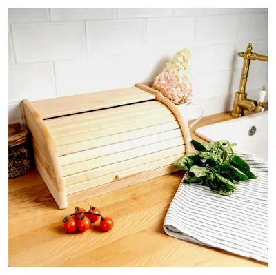 Produktbild von Brotkästen aus Holz | 38 x 28,5 x 17,5 cm (+/-1 cm) | Brotbox für Brot, Brötchen und Kuchen | Brotkiste mit Roll-Deckel | Natürliche Brot-Kiste | Brotbehälter für jede Küche