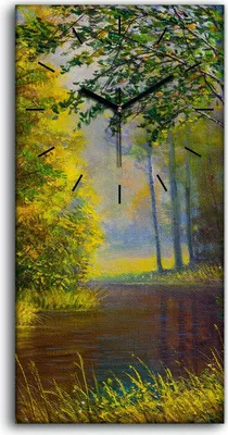 Produktbild von Wandkunst Leinwand Bild Uhr 30x60 Gemälde Wald Bäume Blumen Fluss Natur - schwarze Hände