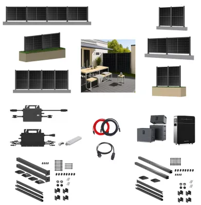 Produktbild von Solarzaun Balkonkraftwerk vertikal mit Standfuß inkl. 2 Modulen 1722mm, mit 800W Wechselrichter PV