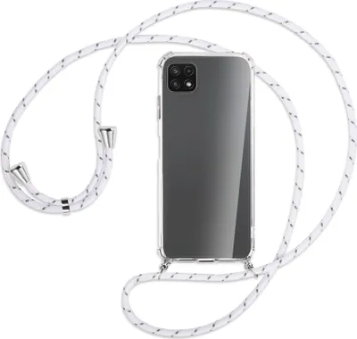 Produktbild von Handykette Backcover-Schutzhülle mit Band (Metall silberfarben) für Samsung Galaxy A22 5G (A226) - weiß/grau