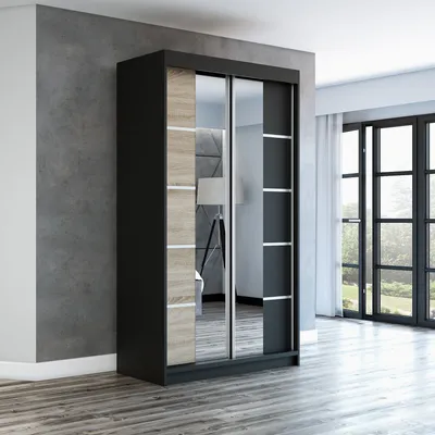 Produktbild von Schwebetürenschrank, 2-türig Schrank ERA 120 cm (mit Spiegel) (Schwarz / sonoma / schwarz)