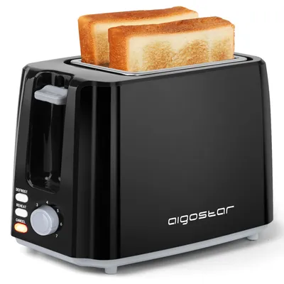 A black Aigostar toaster with two slices of toast in it, shown on a white background.