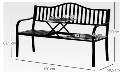 Produktbild von 2-Sitzer Gartenbank mit ausziehbarem Tisch, belastbar bis 240 kg, mit Rücken- und Armlehnen, Gartenmöbel für Terrasse und Garten, 150 x 58,5 x 90 cm, Schwarz