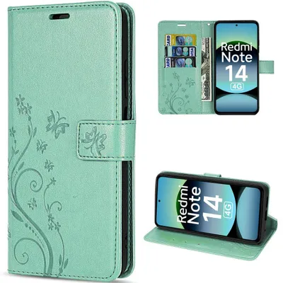 Image de Coque pour Xiaomi Redmi Note 14 4G, Flip Case Cuir Synthétique Anti-Rayures Motif Plante Papillon Vert