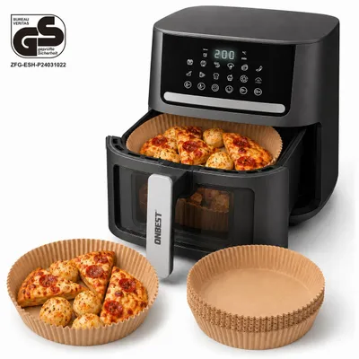 Produktbild von ONBEST Heißluftfritteuse Airfryer AF1665 | mit 100 Backpapier | XXL | 6,5 L | 1600 W | 12 Kochprogramme | Mit Sichtfenster