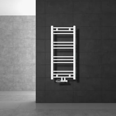 Obrázek produktu pro LuxeBath Koupelnový radiátor středové připojení 400 x 800 mm bílý rovný s připojovací sadou včetně termostatu rohový nástěnný bílý - Radiátor, bez topného tělesa
