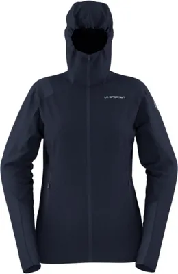 Dunkelblaue Softshelljacke für Damen von La Sportiva; mit Kapuze und langen Ärmeln.