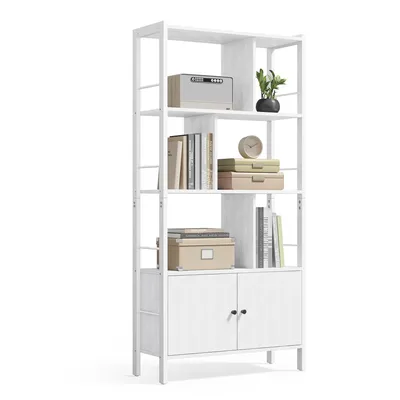 A white bookshelf with various items on its shelves.