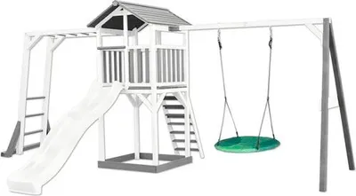 Immagine prodotto di AXI Beach Tower parco giochi in legno in grigio e bianco | Torre di gioco con sabbiera, struttura per arrampicarsi, altalena a nido e scivolo bianco | Casa per bambini su palafitte per il giardino