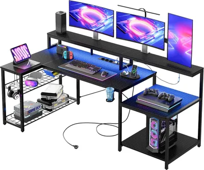 Obrázok produktu pre Veľký herný stôl s rozmermi 181 cm, vybavený LED osvetlením, podstavec na monitor, zásuvky a USB porty, čierna farba