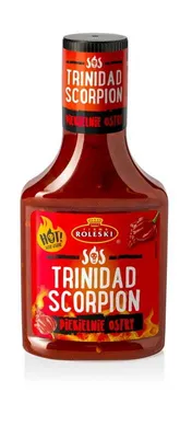 A bottle of Trinidad Scorpion hot sauce against a white background.