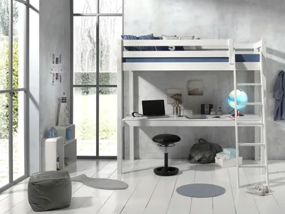 Produktbild von Vipack Hochbett mit Liegefläche 90 x 200 cm und großer Schreibtischplatte, Ausf. weiß lackiert