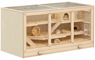 Image de Cage à hamster PawHut en bois, 3 niveaux, pour hamsters, dimensions 115 x 57 x 55 cm, en bois naturel
