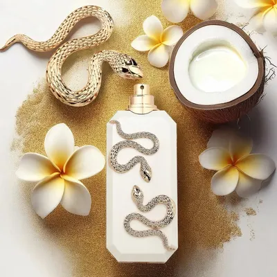 A perfume bottle is displayed with decorative elements like snakes, flowers, and a coconut.