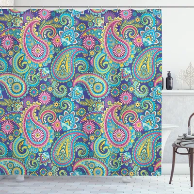 Image de Rideau de douche ABAKUHAUS Paisley, motifs traditionnels en forme de feuilles et motifs orientaux, 175 x 180 cm, multicolore