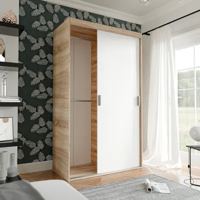 Produktbild von IDOHOME-Zweitüriger Schiebetürenschrank PEDRI 120 cm mit Regalen und Kleiderstangen Schrank Garderobe Sonoma Weiß silberne Griffe mit schublade