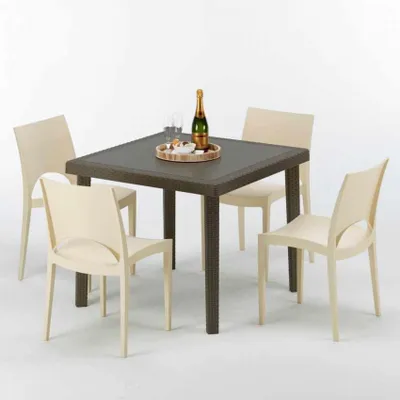 Produktbild von Poly Rattan Tisch Quadratisch mit 4 Bunten Stühlen 90x90 Braun Brown Passion