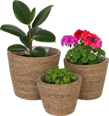 Obrázok produktu pre Relaxdays Kvetináče, sada 3 ks, rákos, kvetináče s fóliou, 3 veľkosti, štýl boho, okrúhle kvetináče, prírodná farba