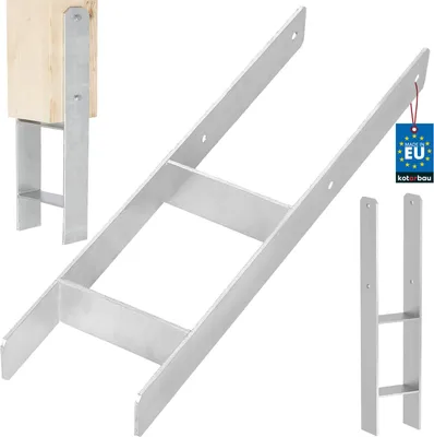 A product image showing metal post anchors on a white background, with a close-up of one anchor attached to a wooden post and a small EU certification tag.