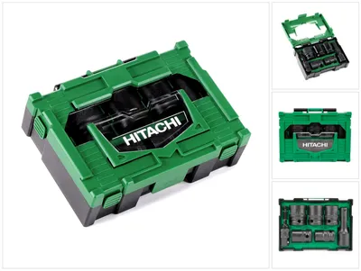 A green and black tool case with the Hitachi logo on the lid, shown from a slightly elevated angle. Multiple smaller images of the case and its contents are displayed to the right.