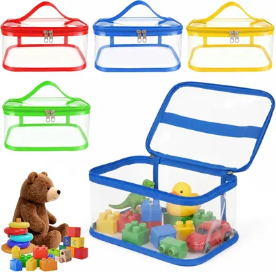 Produktbild von Aufbewahrungstaschen 24x17x13 cm, 4 Stück, mit Reißverschluss, für Spielzeug, blau grün rot gelb