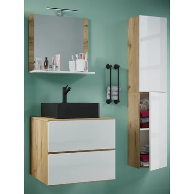 Produktbild von VCM 4-tlg. Waschplatz Waschtisch | schwarzes Waschbecken Unterschrank Breite 60 cm |  Badmöbel Set mit Schubladen Drehtüren Spiegel | Lendas S BL