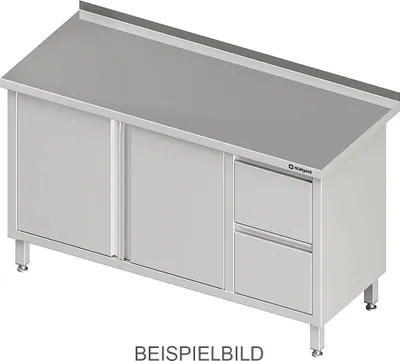 Produktbild von Arbeitsschrank mit Flügeltüren, 1300x700x850 mm, mit 2er Schubladenblock links, mit Aufkantung, verschweißt