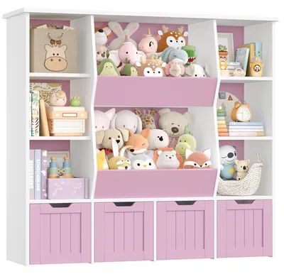 Immagine prodotto di Scaffale per giocattoli per bambini - Armadio per giocattoli - 8 contenitori estraibili - Struttura in legno - Su ruote - 124,5 x 35 x 118 cm - Rosa