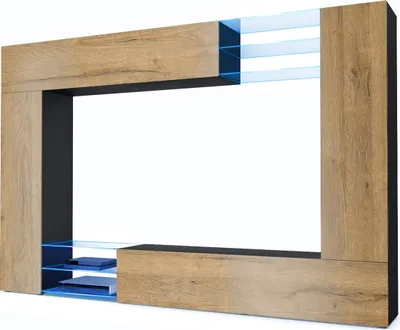 Produktbild von Vladon Wohnwand Mirage,  Germany, Anbauwand mit Rückwand mit 2 Türen, 2 Klappen und 6 offenen Glasablagen, Schwarz matt/Eiche Natur, inkl. LED-Beleuchtung (262 x 183 x 39 cm)