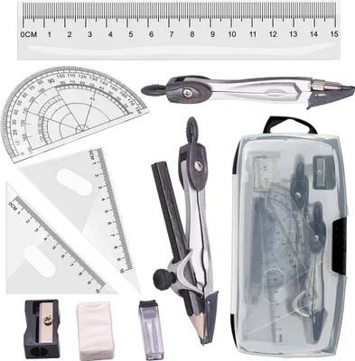 Produktbild von Geometrie-Sets Kompass Zirkel und Winkelmesser Lineal und Zeichendreieck Set, für Schule und Büro Student Mathematik Zeichnung, 5-teiliges Set