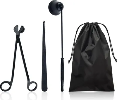 Produktbild von Set von 3 Kerzenlöschern inklusive Aufbewahrungstasche - Edelstahl Kerzendeksel, Dochtschneider, Dochtspatel und Kerzenschneider in Schwarz - Kerzenpflege-Set für alle Kerzen