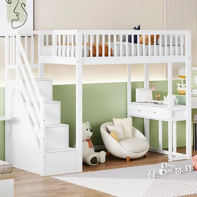 A child's bedroom with a white loft bed, desk, and storage stairs.