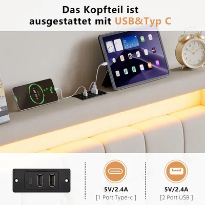 Zdjęcie produktu dla UnboxG Łóżko jednoosobowe 90x200 cm, beżowe – Łóżko tapicerowane obiciem z lnu, z oświetleniem LED, portami USB i Type-C do ładowania, 2 szufladami i stelażem