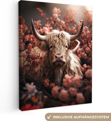 Obrázek produktu pro OneMillionCanvasses® - Plátno - Skotský horal - Zvíře - Příroda - Květiny - Botanické, nástěnná malba, nástěnné dekorace obrazy obývací pokoj, 30x40cm