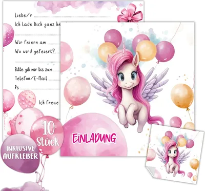 Einhorn Einladung Kindergeburtstag Mädchen | XXL Unicorn Einladungskarten Geburtstag 15 x 15 cm | 10er Set mit Stickern | Geburtstagseinladungen