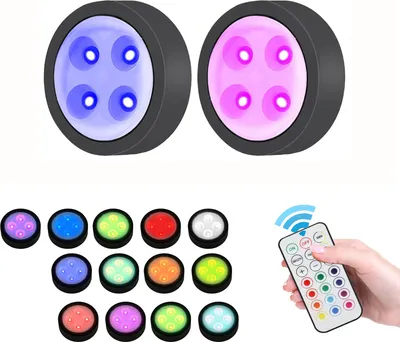 Produktbild von 2 Stück RGB LED Unterbauleuchte Kabellos Dimmbar, Schrankbeleuchtung Batterie Timer 13 Farben Touch, LED Spot Fernbedienung Küche Regal Treppe,Schwarz