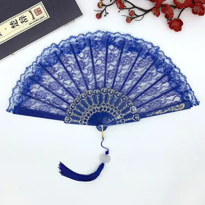Produktbild von Spitzen Handfächer Vintage Faltfächer Blau für Hochzeit Party Sommer